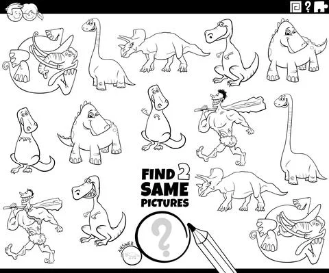 Find two same prehistoric characters coloring book page Stock Illustration