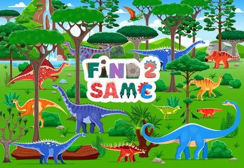 Find two same prehistoric dinosaurs, jungle forest Illustrazione stock