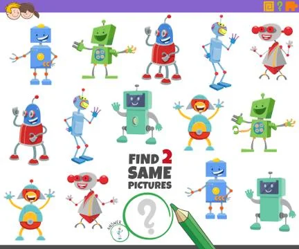 Find two same robot characters game for children Illustrazione stock