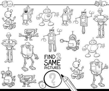 Find two same robots coloring book Illustrazione stock
