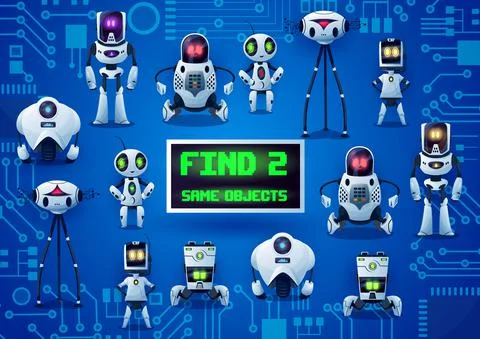 Find two same robots game, cartoon droids riddle Stock Illustration