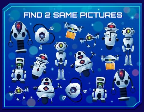 Find two same robots, kids game, education puzzle Illustrazione stock