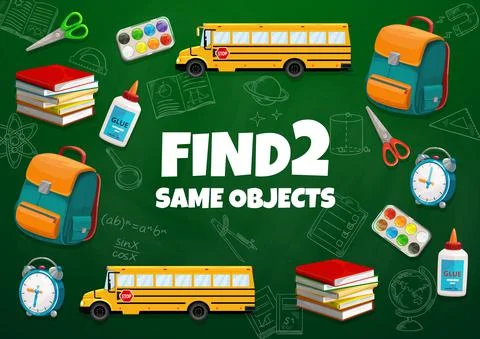 Find two same school bus, books, stationery, items Illustrazione stock
