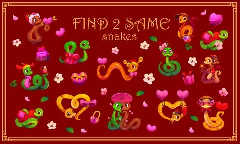 Find two same snakes Valentines game worksheet Stockillustratie