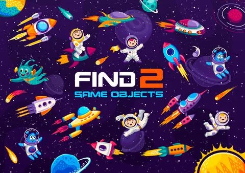 Find two same space objects, cartoon astronaut Illustrazione stock