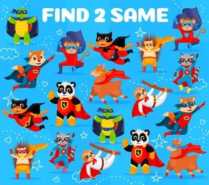 Find two same superhero animals, kids game Illustrazione stock