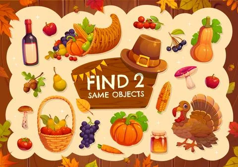 Find two same Thanksgiving objects game worksheet Stock Illustration
