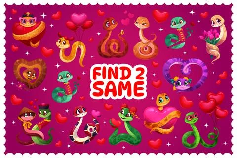 Find two same Valentine lovely snakes, game puzzle Stockillustratie