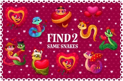 Find two same valentine snakes kids game riddle Stockillustratie