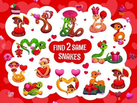 Find two same valentine snakes kids game worksheet Stockillustratie