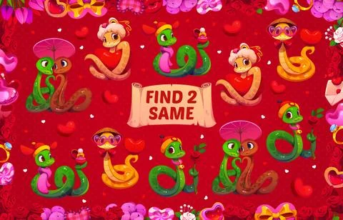 Find two same Valentine snakes with hearts, game Ilustração Stock