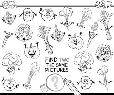 Find two the same vegetables color book Black and White Cartoon Illustrati... Foto stock