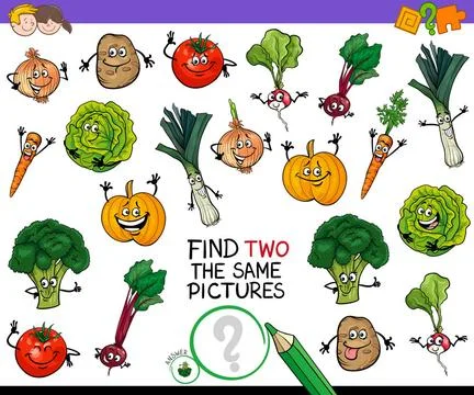 Find two the same vegetables game Cartoon Illustration of Finding Two Iden... Foto stock