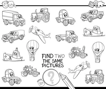 Find two the same vehicles color book Stock Illustration