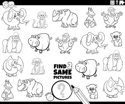 Find two same wild animal characters color book page Illustrazione stock