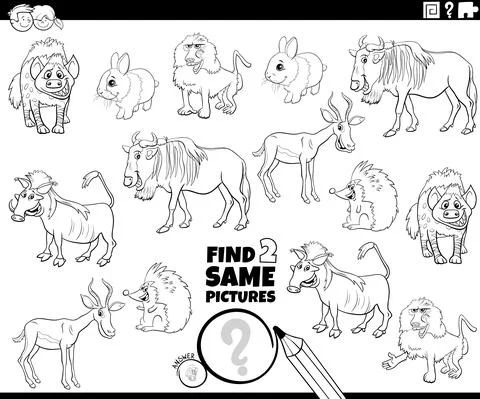Find two same wild animals game coloring book page Stock Illustration