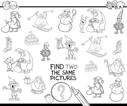 Find two the same Xmas characters color book Stock Illustration