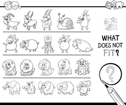 Find wrong picture in a row game coloring book Stock Illustration