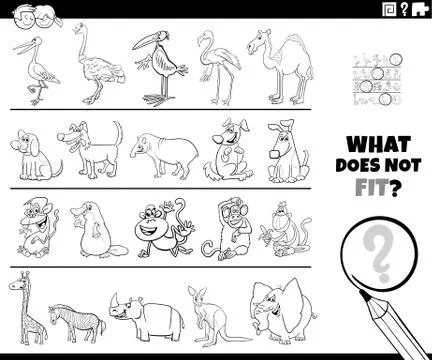 Find wrong picture in a row game color book page Stock Illustration