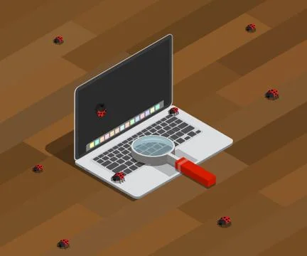 Finding bugs on computer programming with laptop and magnifying glass Stock Illustration
