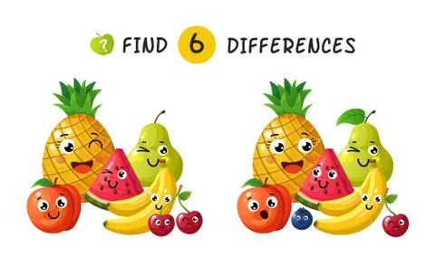 Finding differences. Children game with happy cartoon fruits. Vector Stockillustratie