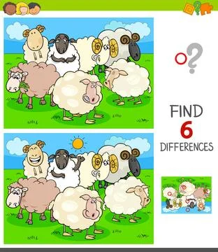 Finding differences game with farm sheep Cartoon Illustration of Finding S... Foto stock