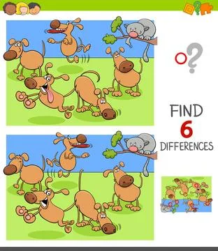 Finding differences game with funny dogs Cartoon Illustration of Finding S... Foto stock