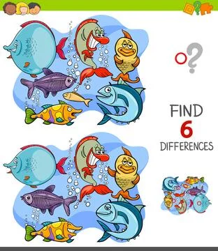 Finding differences game with funny fish characters Cartoon Illustration o... 写真素材