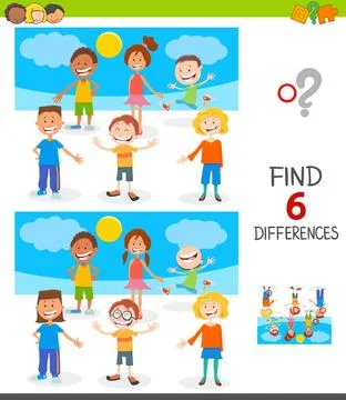 Finding differences game with happy children Cartoon Illustration of Findi... 스톡 사진