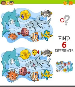 Finding differences game with happy fish characters Cartoon Illustration o... Stock Photos