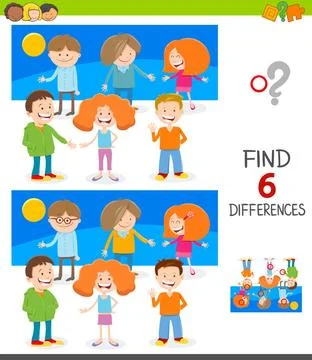 Finding differences game with happy kids Cartoon Illustration of Finding S... 写真素材