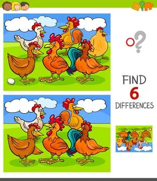 Finding differences game with hens and roosters Cartoon Illustration of Fi... 스톡 사진