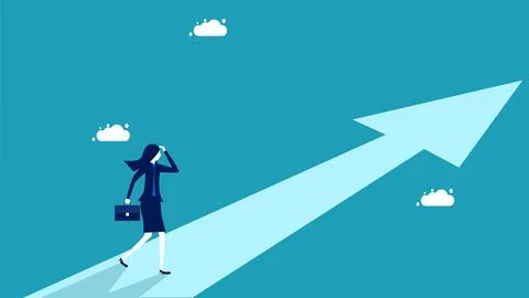 Finding a goal or find the meaning of life. Businesswoman on arrow pointing t Stock Illustration