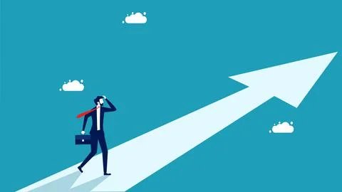 Finding a goal or find the meaning of life. Businessman on arrow pointing tow Stock Illustration