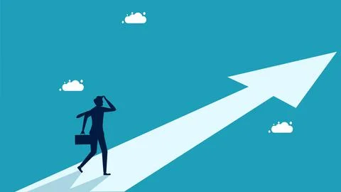 Finding a goal or find the meaning of life. Businessman on arrow pointing tow Stock Illustration
