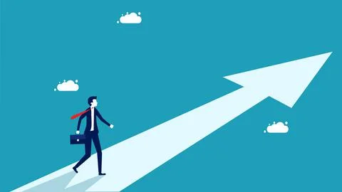Finding a goal or find the meaning of life. Businessman on arrow pointing tow Stock Illustration