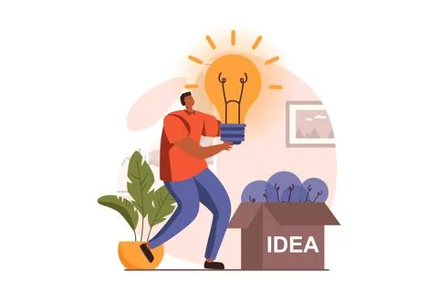 Finding ideas web concept in flat design. Man brainstorming, searching solutions Stock Illustration