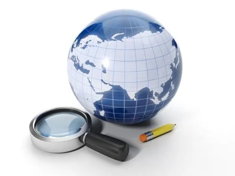 Finding information on the internet. earth and magnifying glass with a pencil Stock Illustration