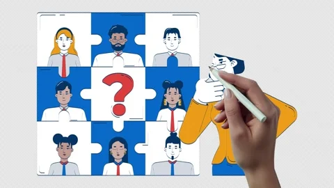 Finding missing piece in HR puzzle problem hand drawn whiteboard animation Stock Footage 313982484