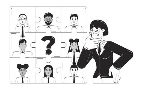 Finding missing piece in HR puzzle problem doodle line illustration concept Illustrazione stock