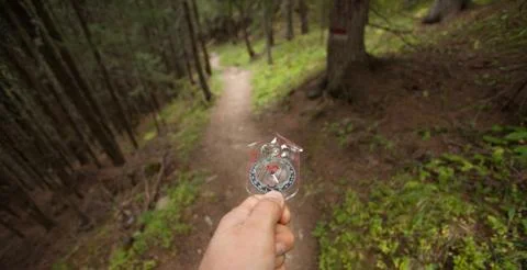 Finding the right position in the forest with and compass Fotos Stock