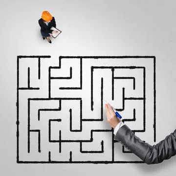 Finding right problem solution Top view of puzzled businesswoman in helmet... Stock Photos