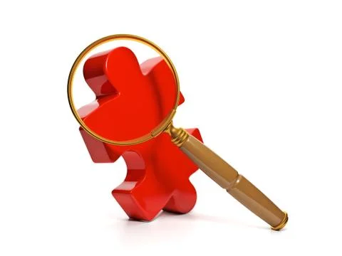 Finding the right solutions. big red puzzle and magnifier with wooden handle  Stock Illustration
