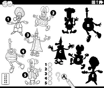 Finding shadows activity with cartoon clowns coloring page Stock Illustration