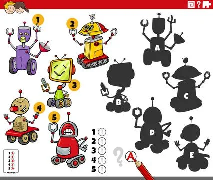 Finding shadows activity with cartoon robots characters Stock Illustration