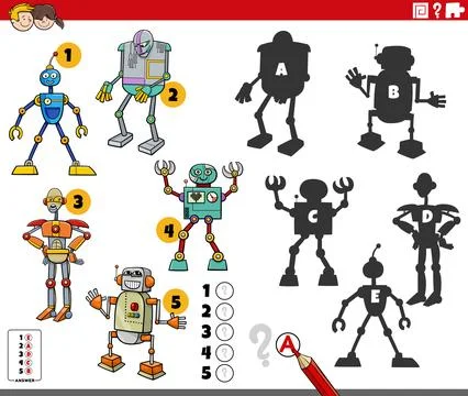 Finding shadows game with cartoon robots characters Stock Illustration