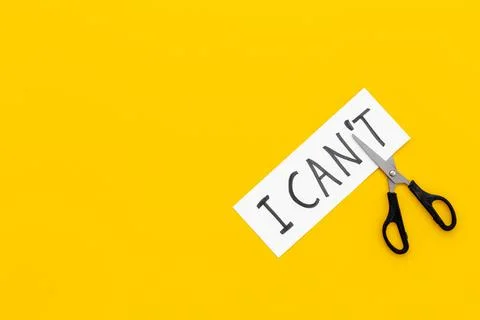 Finding solution concept. Changing words I cannot to I can with scissors Stock Photos