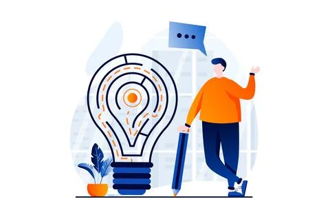 Finding solution concept with people scene in flat cartoon design. Man thinks Illustrazione stock