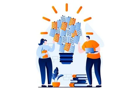 Finding solution concept with people scene in flat cartoon design. Man and woman Illustrazione stock