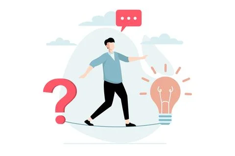 Finding solution concept with people scene in flat design. Man walks tight .. Illustrazione stock